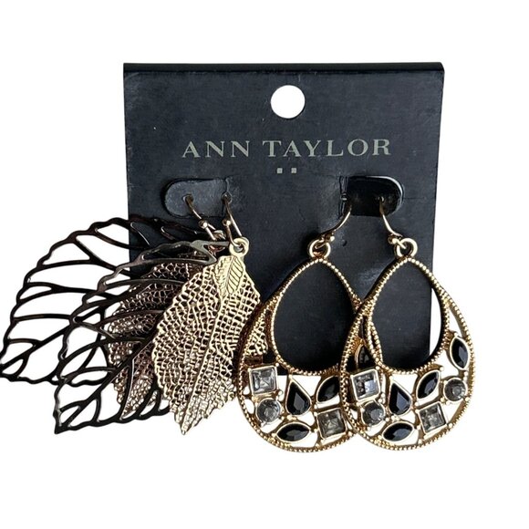 Gold & Black Teardrop Earrings & Leaf Dangle Earrings Set By Ann Taylor - Picture 2 of 6